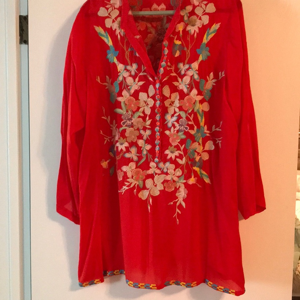 Johnny Was embroidered rayon top. 6 buttons on front embroidery. Size 1X